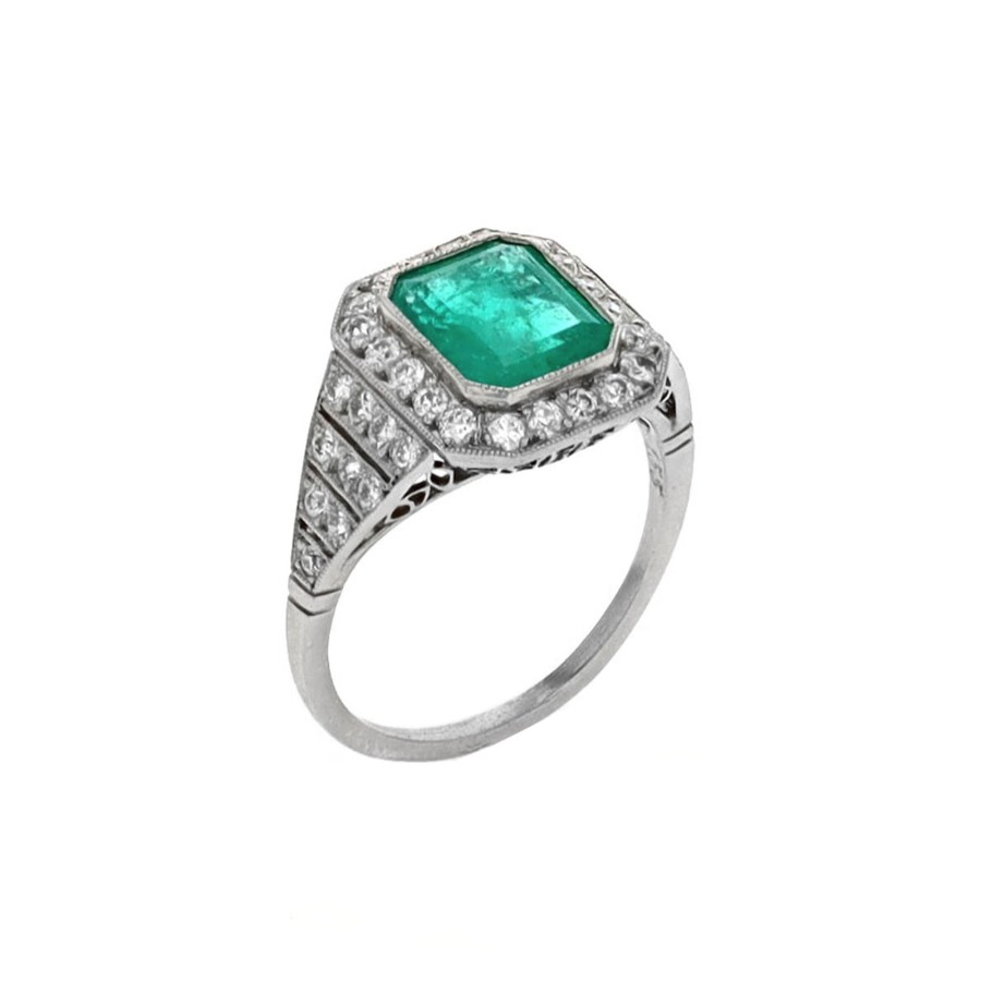 Jewelry Josephs Jewelers Home | Estate Platinum Emerald-Cut Emerald And Diamond Ring - Josephs Jewelers Green