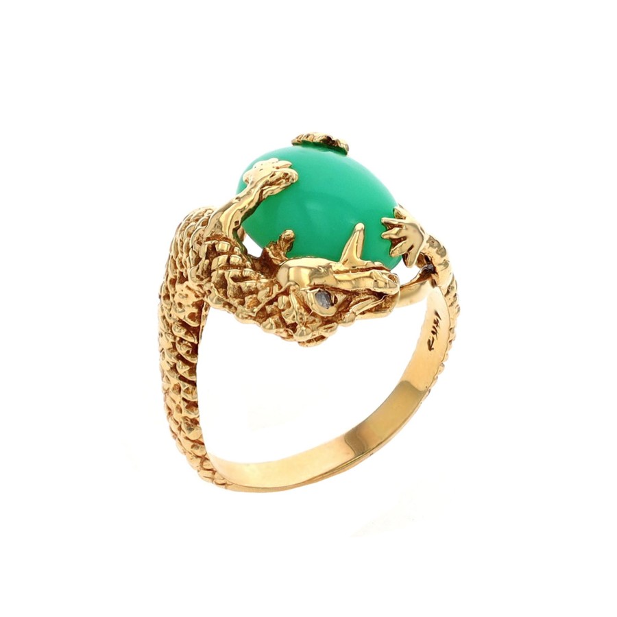 Jewelry Josephs Jewelers Home | Estate 14K Yellow Gold Chrysoprase Dragon Ring - Josephs Jewelers Green