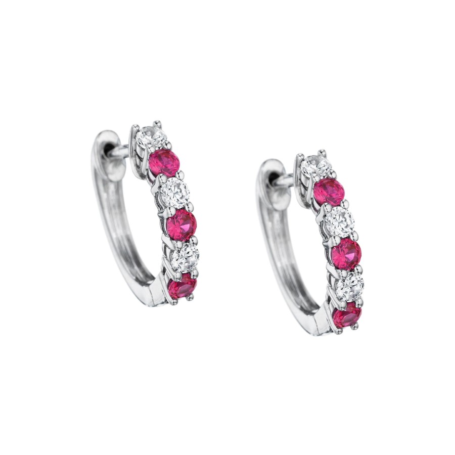 Jewelry Josephs Jewelers Home | 14K White Gold Ruby And Diamond Hoop Earrings Red