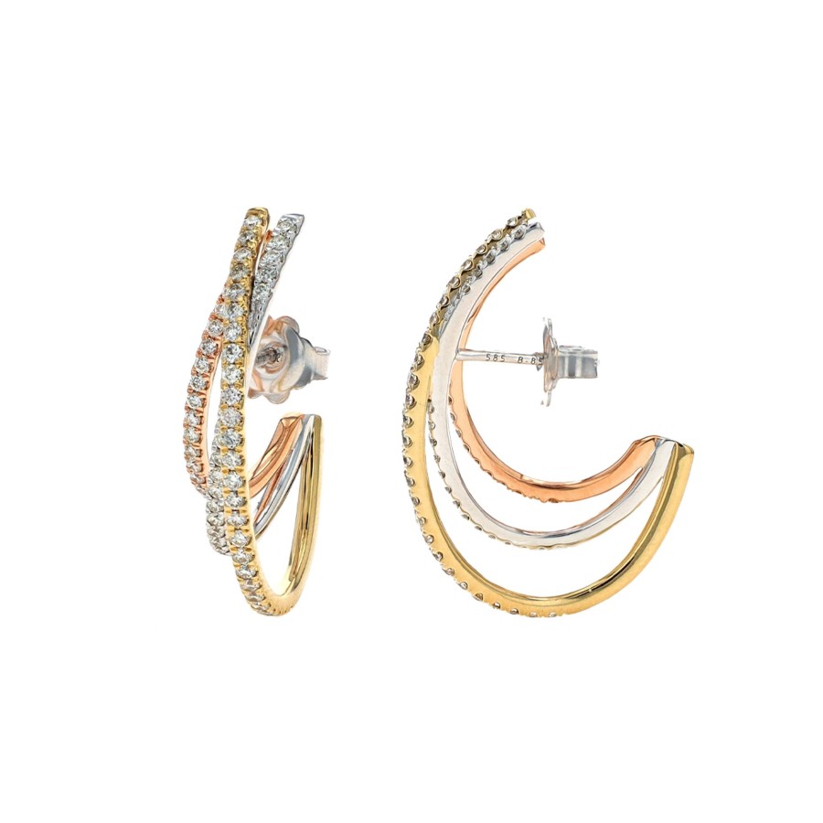 Jewelry Josephs Jewelers Home | 14K Tri-Tone 3-Row J-Hoop Diamond Earrings - Josephs Jewelers