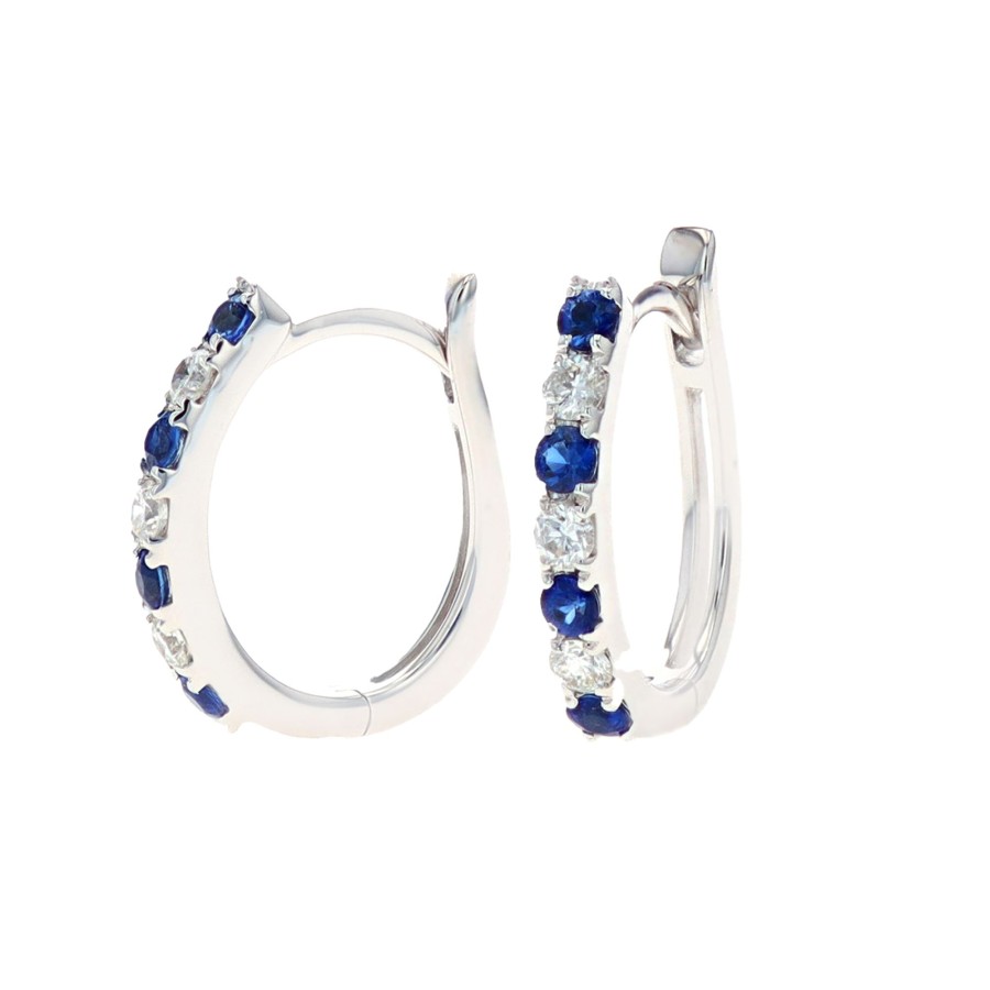 Jewelry Josephs Jewelers Home | 14K White Gold Diamond And Sapphire Hoop Earrings Blue