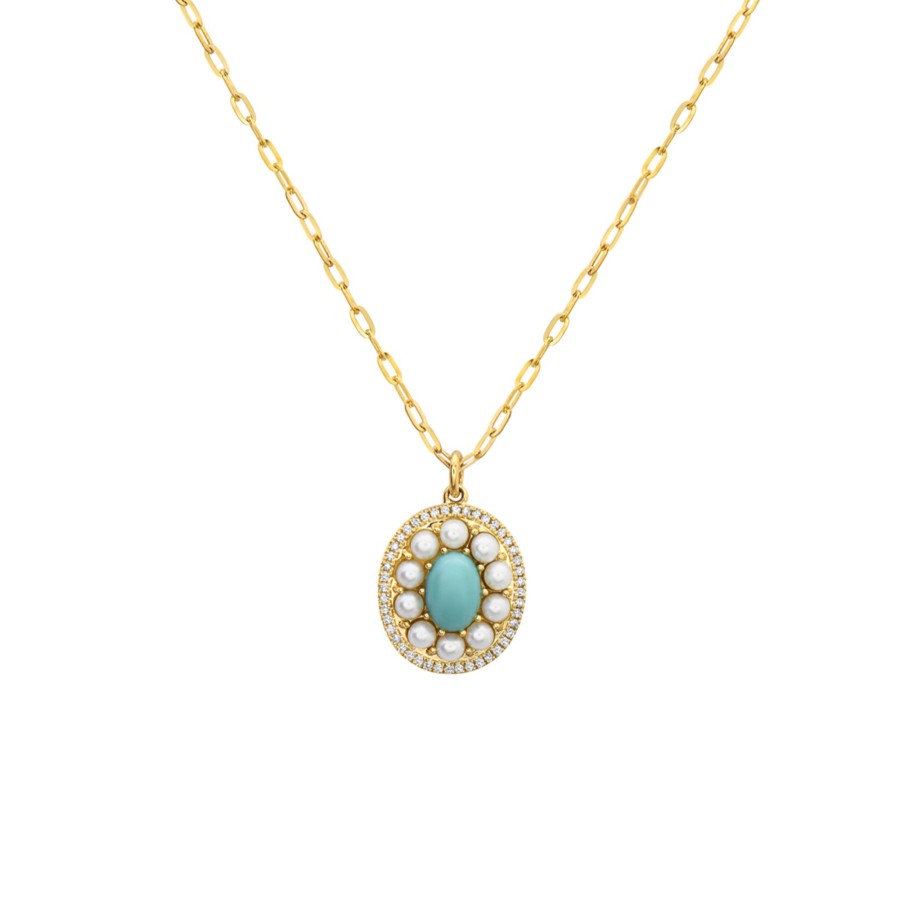 Jewelry Josephs Jewelers Home | 14K Yellow Gold Turquoise, Pearl, And Diamond Necklace - Josephs Jewelers Blue