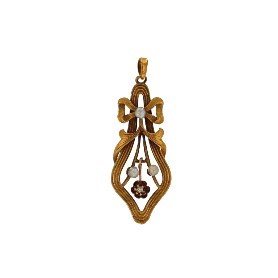 Jewelry Josephs Jewelers Home | Estate 14K Yellow Gold Pearl And Diamond Bow Pendant White