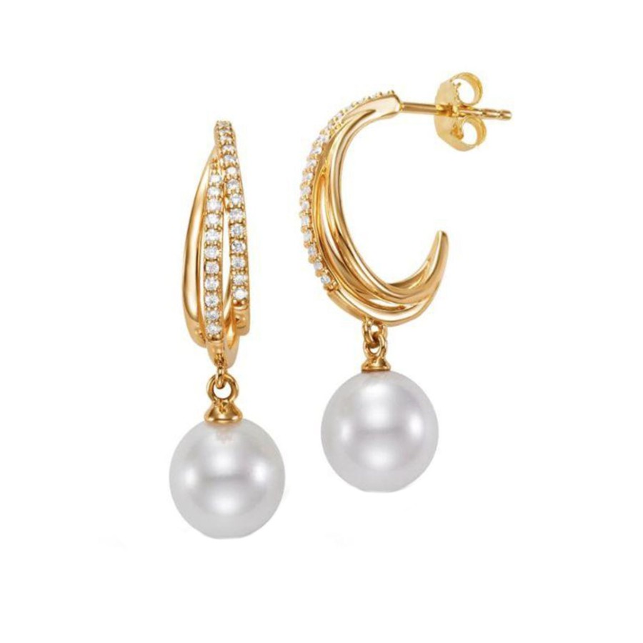 Jewelry Josephs Jewelers Home | 18K Yellow Gold Pearl And Diamond Dangle Hoop Earrings - Josephs Jewelers White