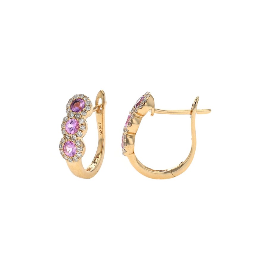 Jewelry Josephs Jewelers Home | 14K Yellow Gold Sapphire And Diamond Hoop Earrings - Josephs Jewelers Pink