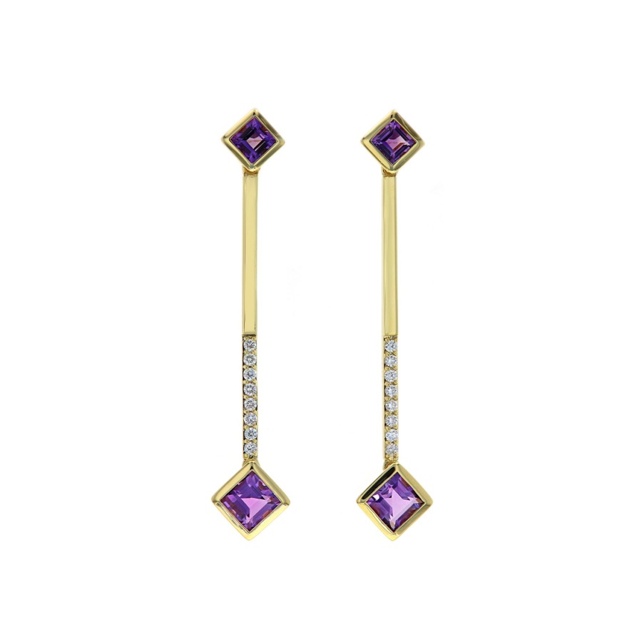 Jewelry Josephs Jewelers Home | 14K Yellow Gold Square Amethyst And Diamond Dangle Earrings Purple