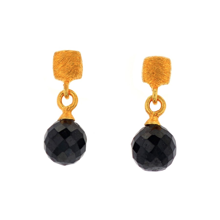 Jewelry Josephs Jewelers Home | 24K Gold Plated Sterling Silver Round Spinel Cube Earrings Black