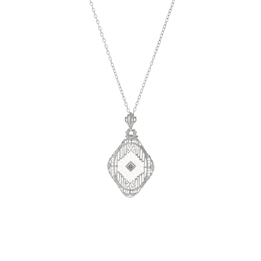 Jewelry Josephs Jewelers Home | Estate 14K Gold Frosted Rock Crystal And Diamond Pendant White