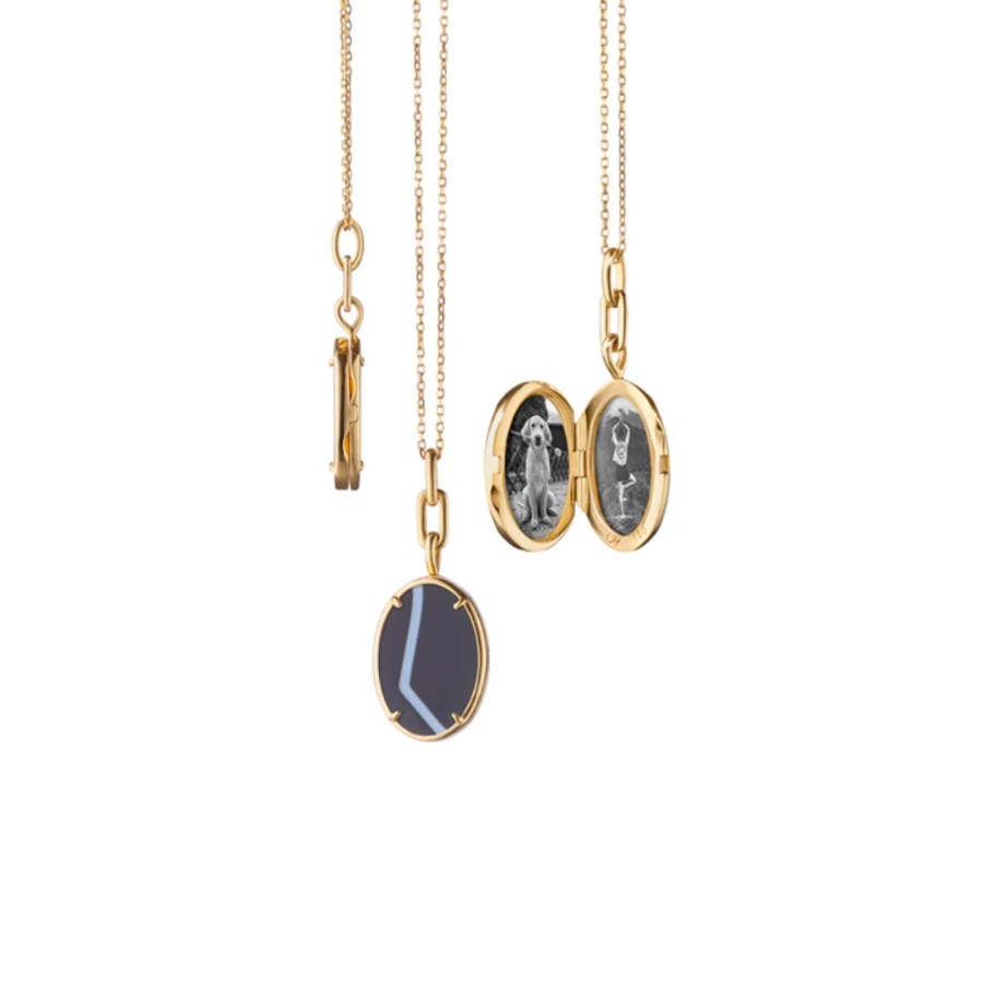 Jewelry Josephs Jewelers Home | 18K Yellow Gold Oval Agate Locket With Chain - Josephs Jewelers Black