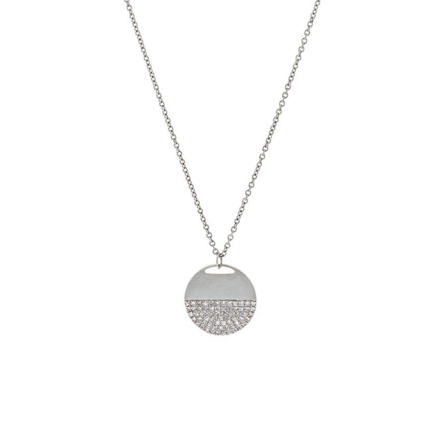 Jewelry Josephs Jewelers Home | 14K Gold Half Diamond Pave Disc Pendant With Chain White