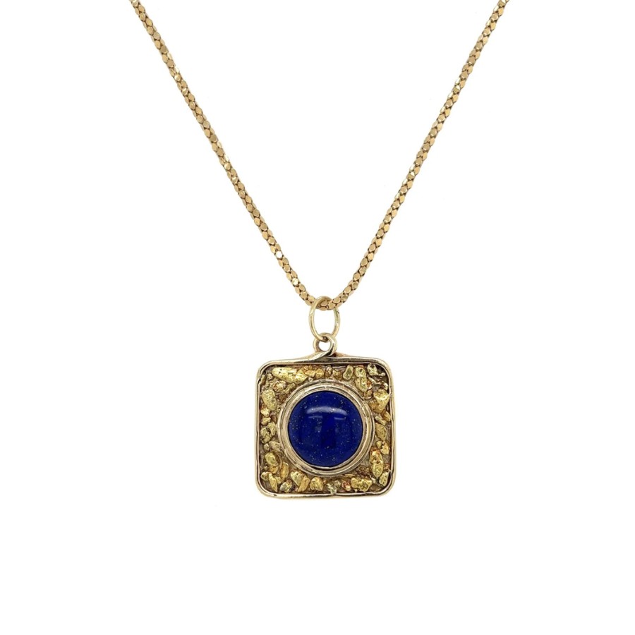 Jewelry Josephs Jewelers Home | Estate 18K Yellow Gold Lapis Gold Nugget Pendant With Chain - Josephs Jewelers Blue