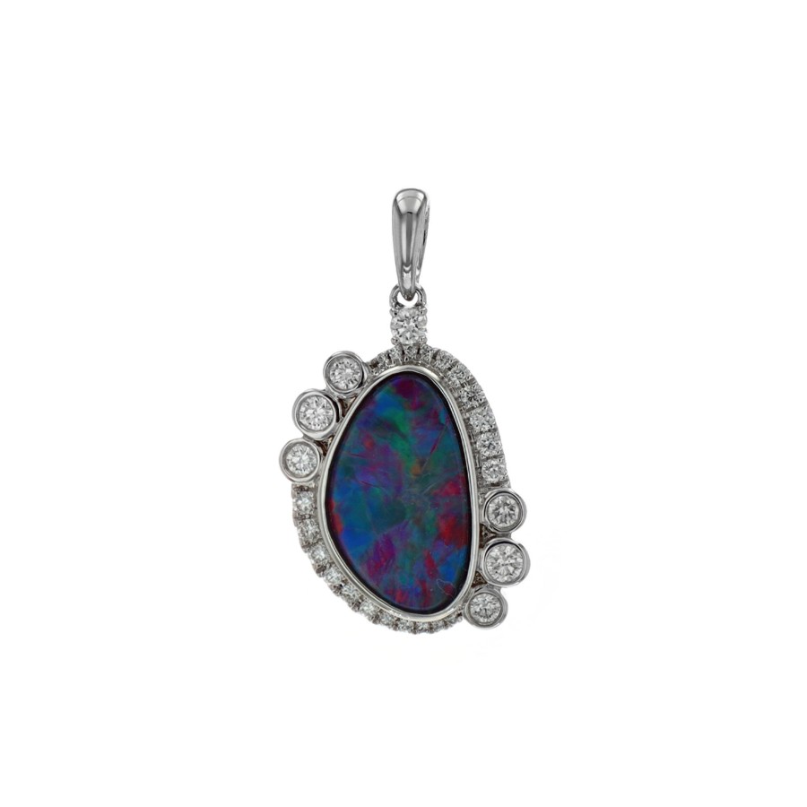 Jewelry Josephs Jewelers Home | 14K White Gold Opal Doublet And Diamond Pendant Multi