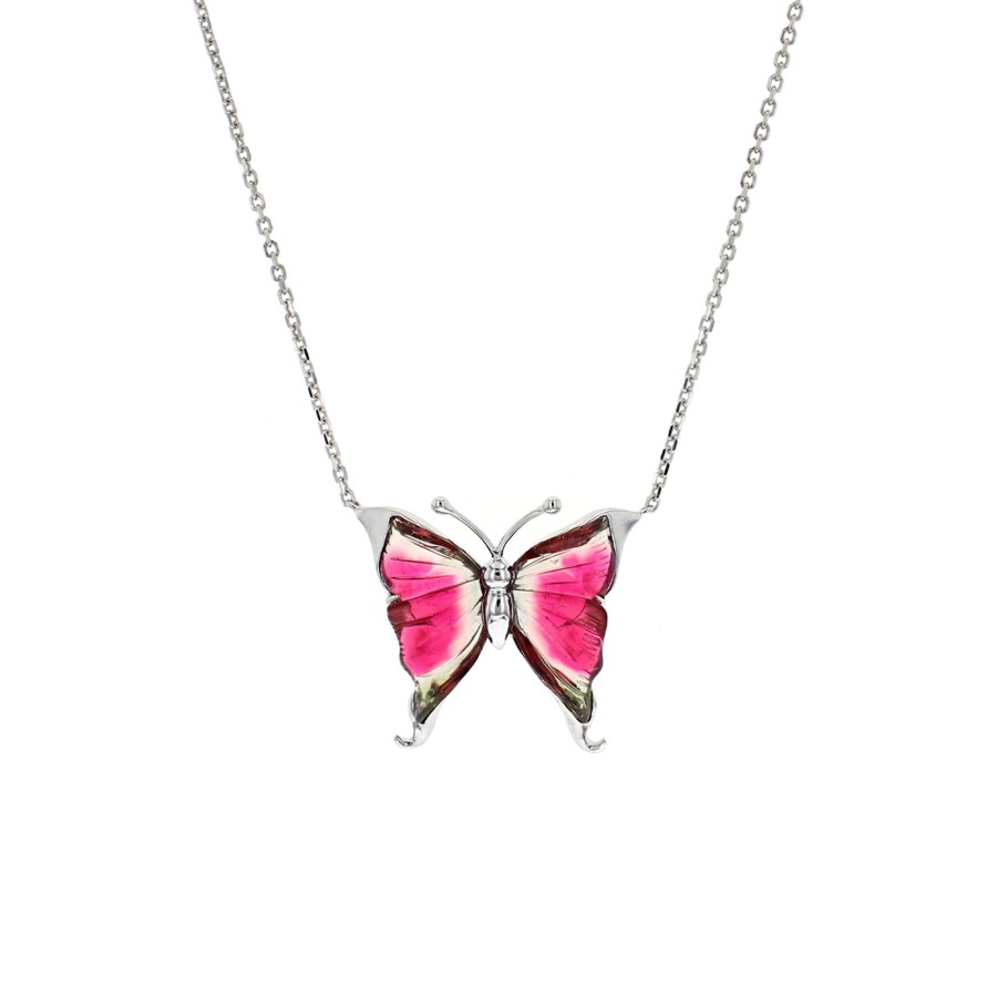 Jewelry Josephs Jewelers Home | 14K White Gold Tourmaline Butterfly Necklace Pink