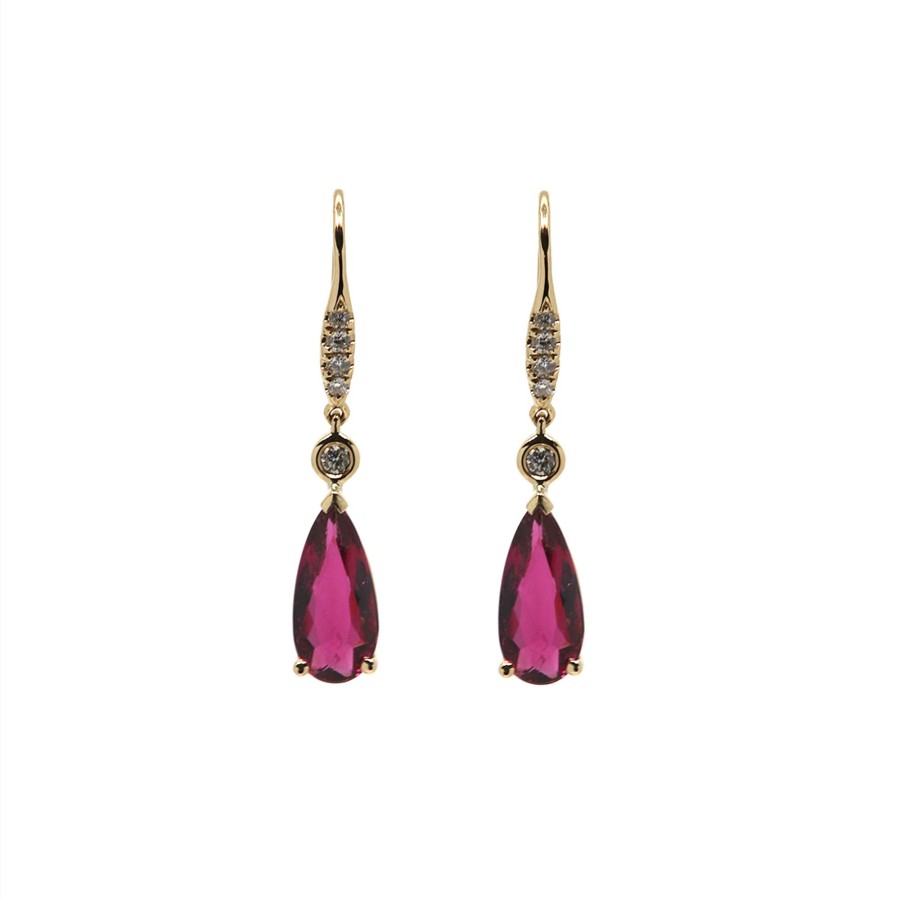 Jewelry Josephs Jewelers Home | 14K Yellow Gold Tourmaline And Diamond Dangle Earrings Pink