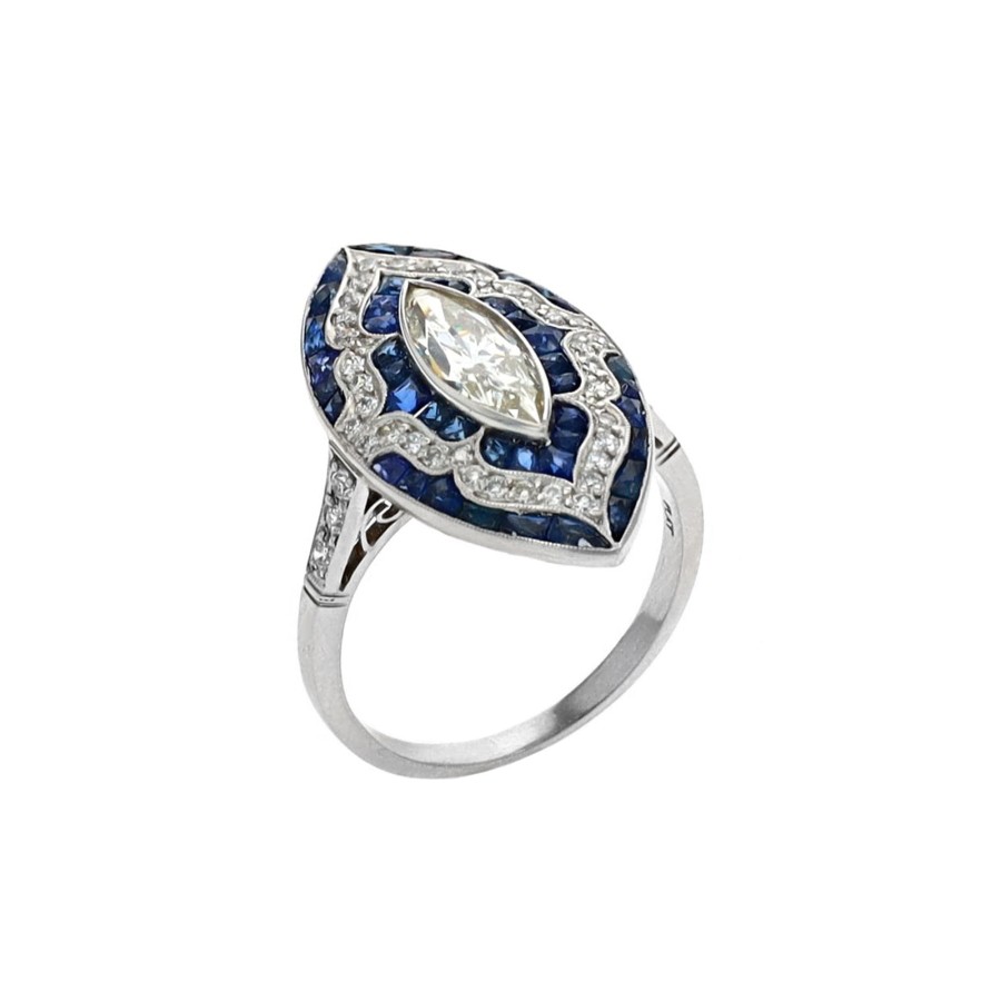 Jewelry Josephs Jewelers Home | Estate Platinum Antique Marquise Sapphire And Diamond Ring - Josephs Jewelers Blue