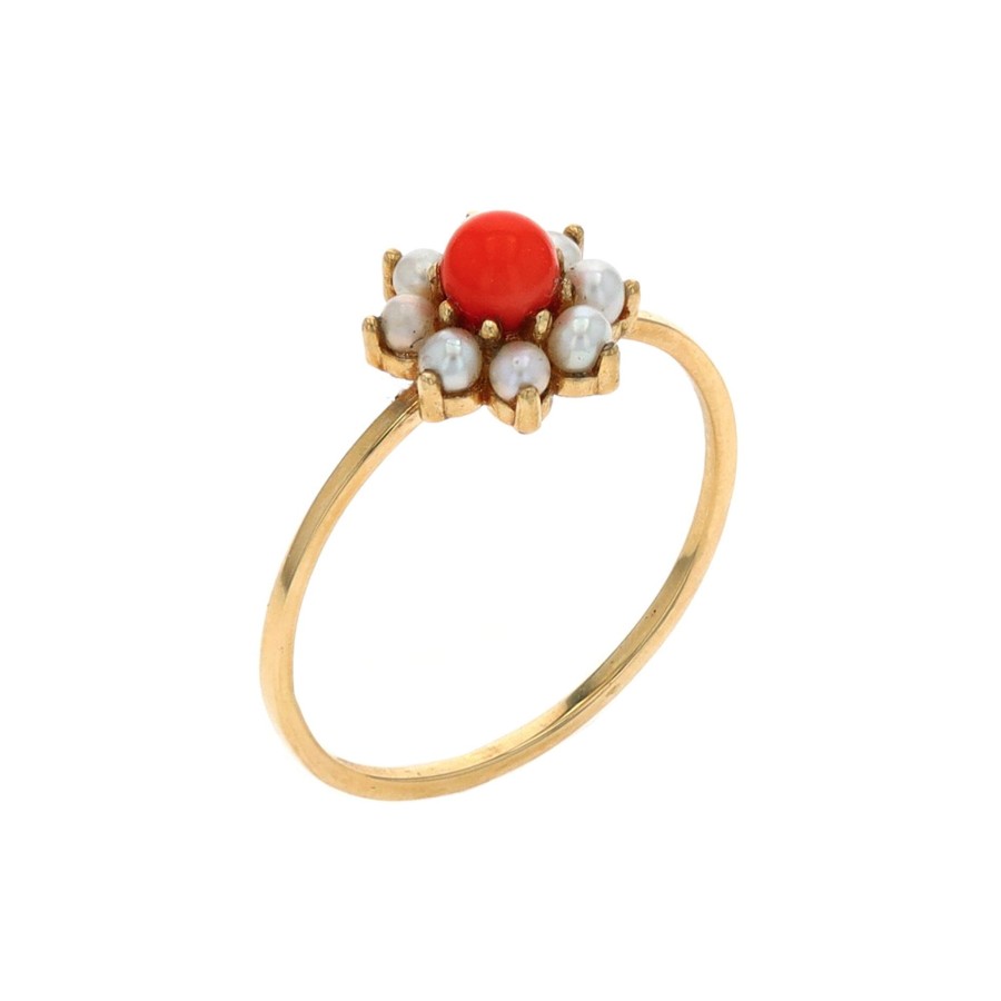 Jewelry Josephs Jewelers Home | Estate 14K Yellow Gold Coral And Pearl Ring Orange