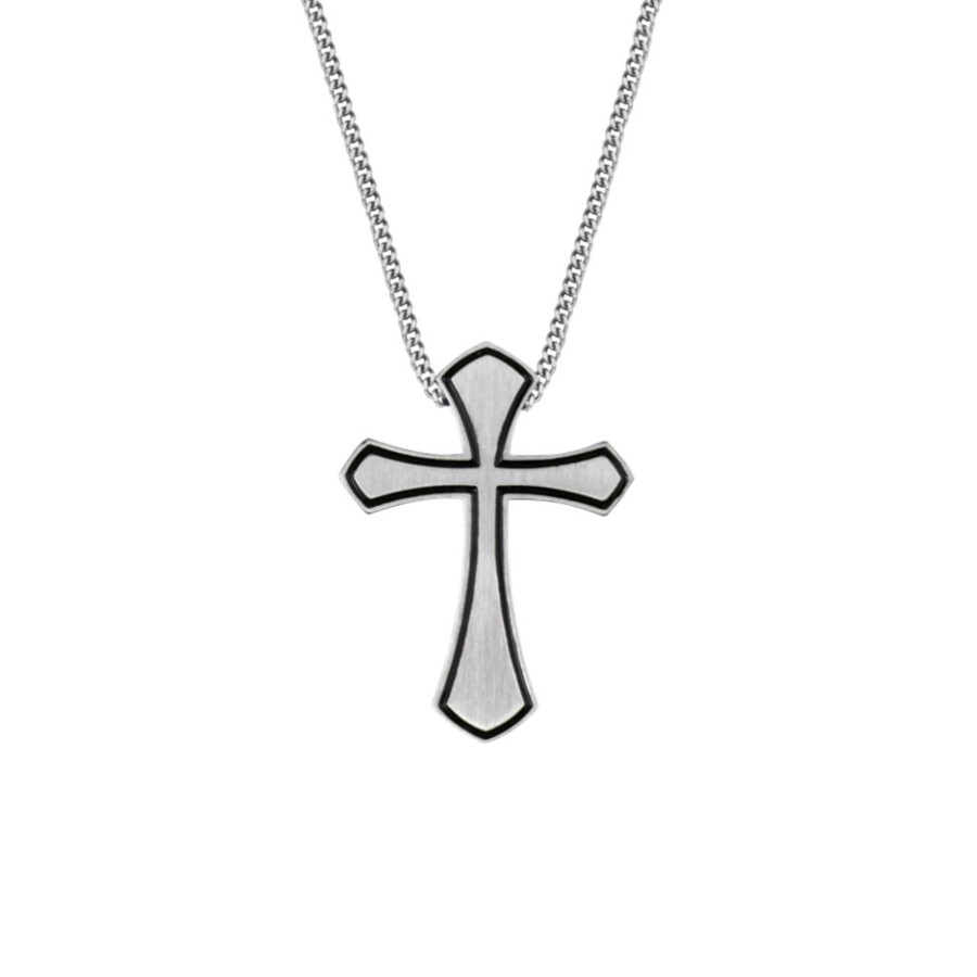 Jewelry Josephs Jewelers Home | Stainless Steel Pinstripe Border Cross Pendant With Chain - Josephs Jewelers