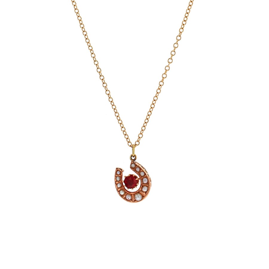 Jewelry Josephs Jewelers Home | Estate 14K Yellow Gold Garnet And Pearl Horseshoe Pendant With Chain Red