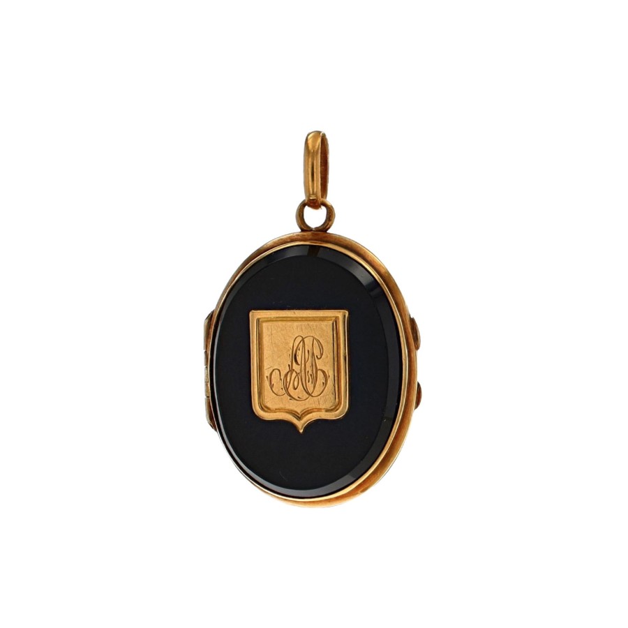 Jewelry Josephs Jewelers Home | Estate 18K Yellow Gold Onyx Engraved Locket Black