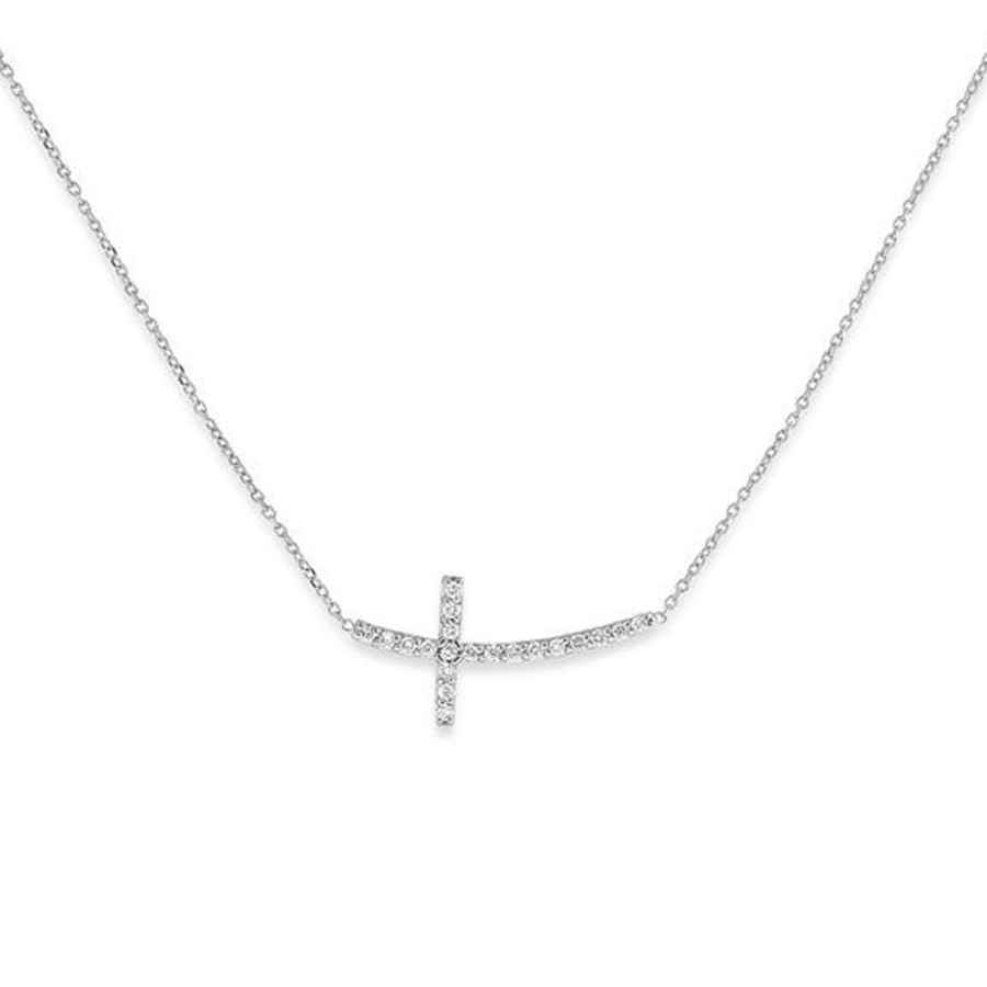 Jewelry Josephs Jewelers Home | 14K Gold Curved Sideways Diamond Cross Necklace - Josephs Jewelers White