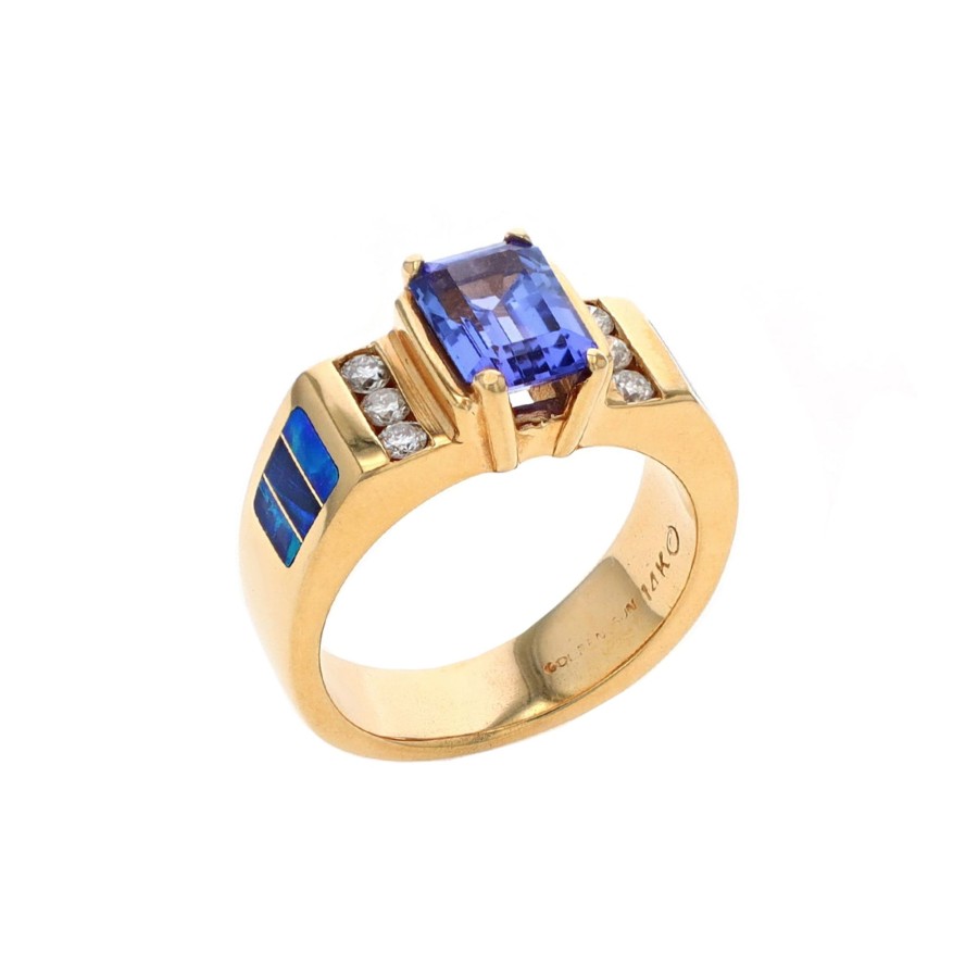 Jewelry Josephs Jewelers Home | Estate 14K Yellow Gold Rectangle Tanzanite, Opal, And Diamond Ring - Josephs Jewelers Purple