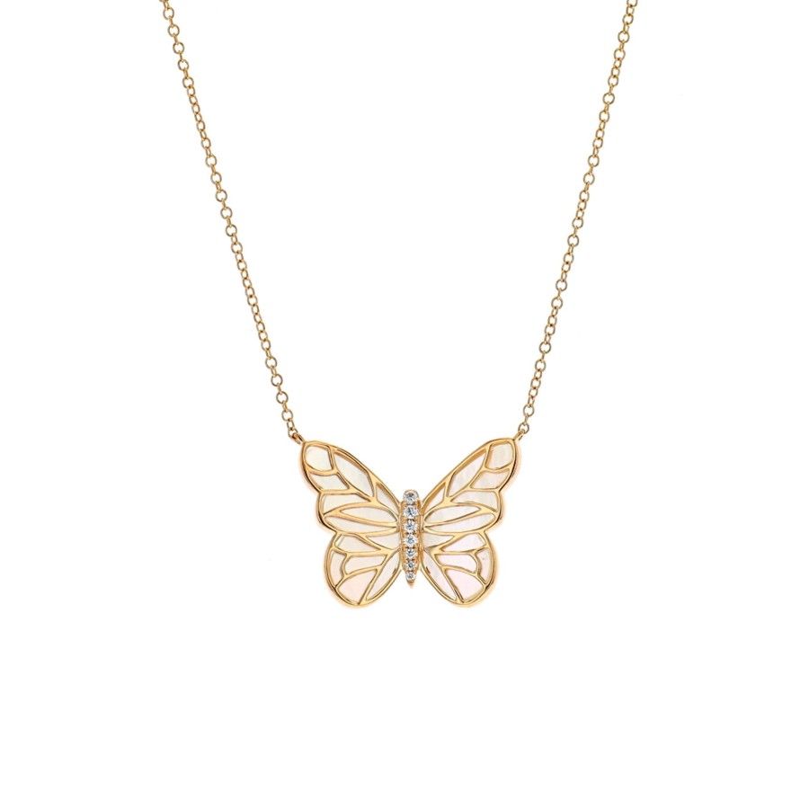 Jewelry Josephs Jewelers Home | 14K Yellow Gold Mother-Of-Pearl And Diamond Butterfly Necklace - Josephs Jewelers White