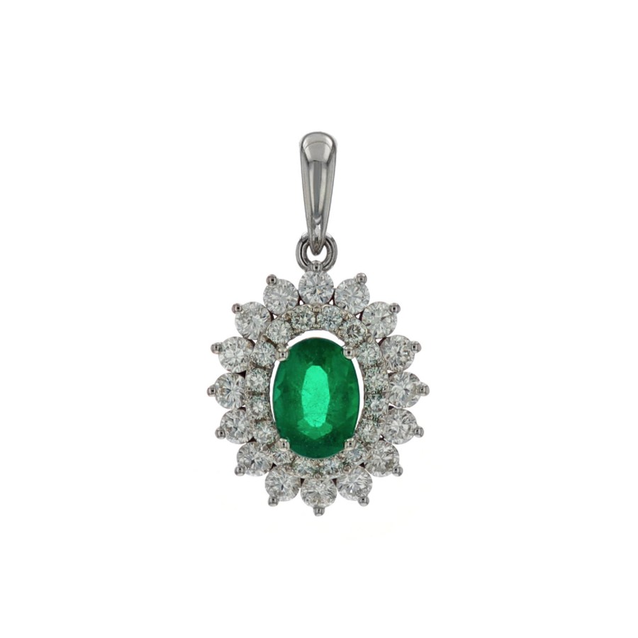 Jewelry Josephs Jewelers Home | 14K White Gold Oval Emerald And Diamond Pendant Green