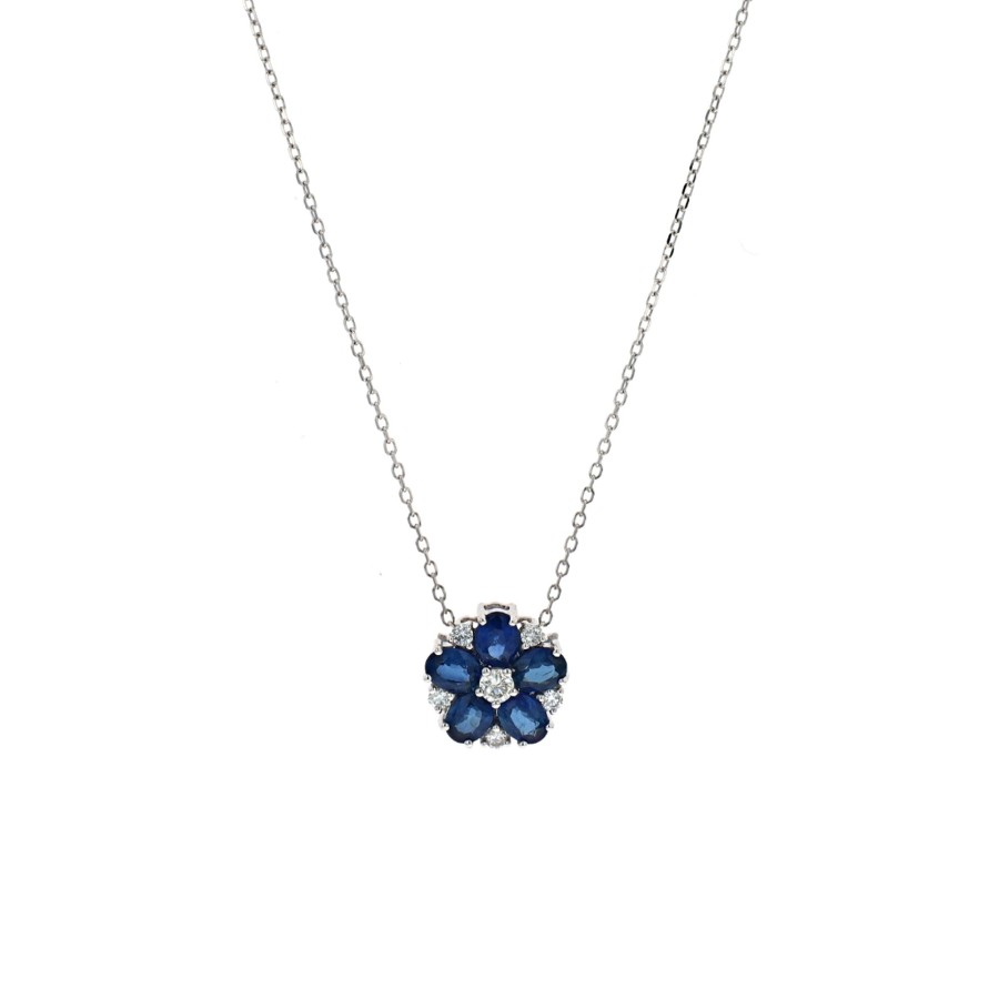 Jewelry Josephs Jewelers Home | 14K White Gold Sapphireand Diamond Flower Pendant With Chain - Josephs Jewelers Blue