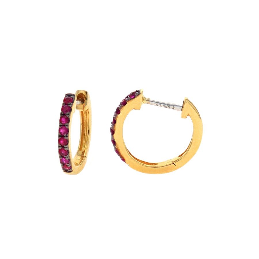 Jewelry Josephs Jewelers Home | 14K Yellow Gold Ruby Huggie Hoop Earrings Red