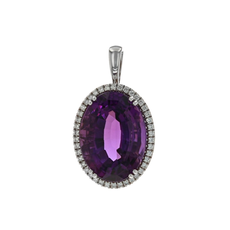 Jewelry Josephs Jewelers Home | 14K White Gold Oval Amethyst And Diamond Pendant Purple