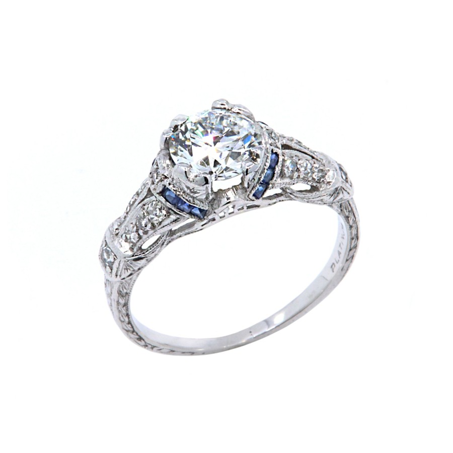 Jewelry Josephs Jewelers Home | Platinum Diamond And French Cut Sapphire Ring Blue