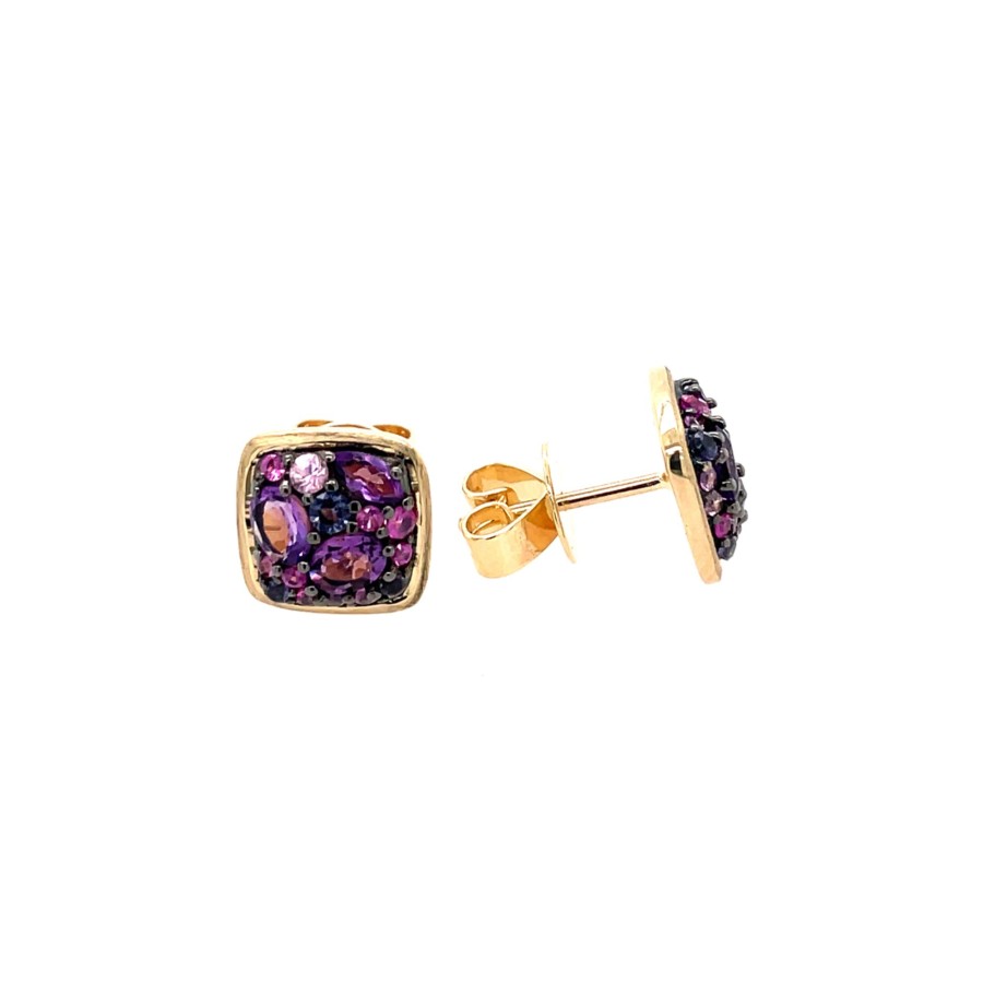 Jewelry Josephs Jewelers Home | 14K Yellow Gold Multi-Stone Square Stud Earrings - Josephs Jewelers Purple