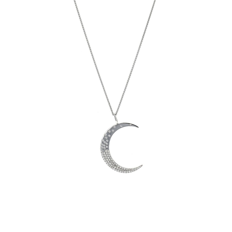 Jewelry Josephs Jewelers Home | 18K Gold Diamond Crescent Moon Pendant With Chain - Josephs Jewelers White