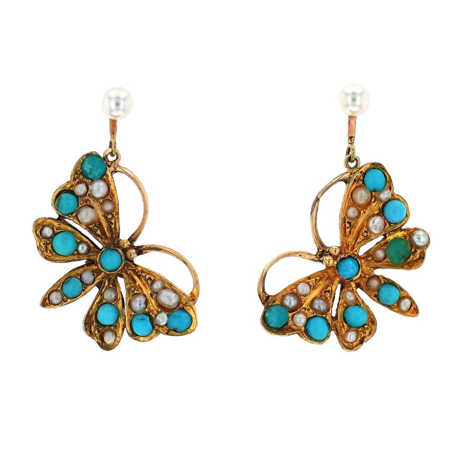 Jewelry Josephs Jewelers Home | Estate 14K Yellow Gold Turquoise And Pearl Butterfly Earrings - Josephs Jewelers Blue