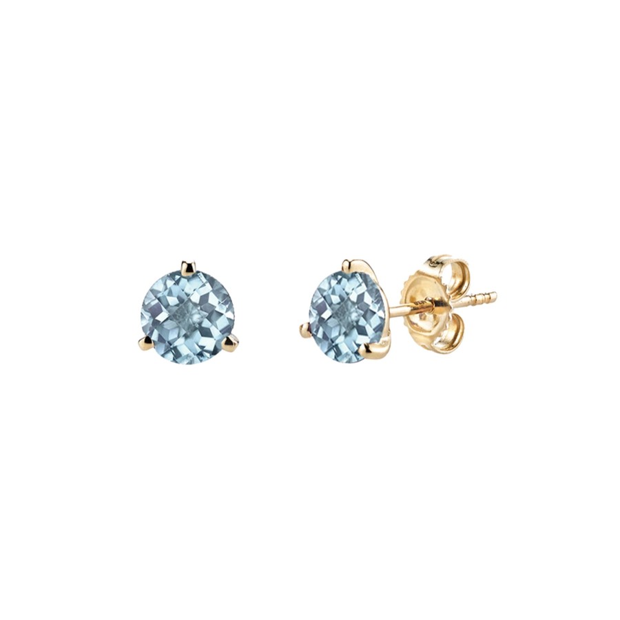 Jewelry Josephs Jewelers Home | 14K Yellow Gold Round Checkerboard Aquamarine Stud Earrings Blue