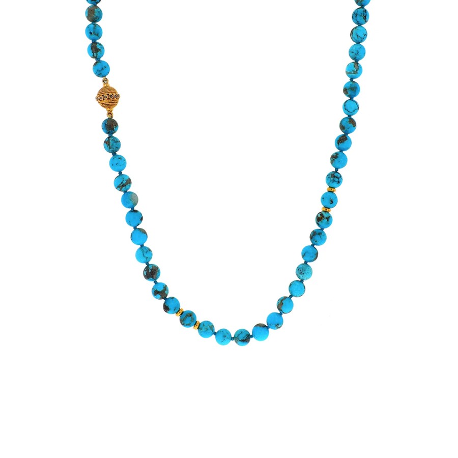 Jewelry Josephs Jewelers Home | Estate 18K Yellow Gold Turquoise And Rhondel Bead Necklace Blue