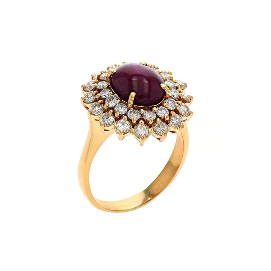 Jewelry Josephs Jewelers Home | Estate 18K Yellow Gold Oval Star Ruby And Diamond Ring Red