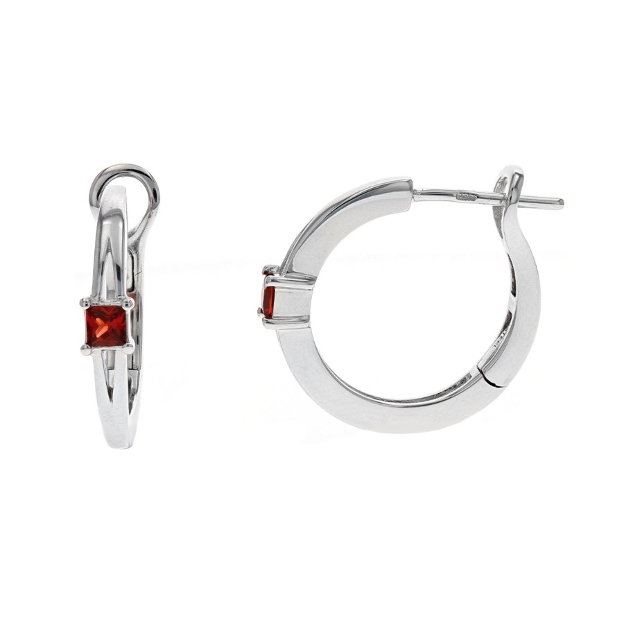 Jewelry Josephs Jewelers Home | Sterling Silver Square Garnet Hoop Earrings Red