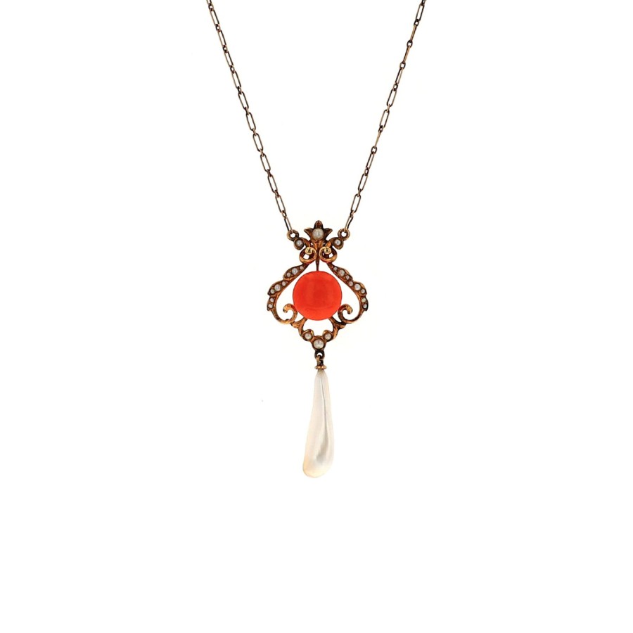 Jewelry Josephs Jewelers Home | Estate 14K Yellow Gold Victorian Coral And Pearl Drop Necklace - Josephs Jewelers Multi