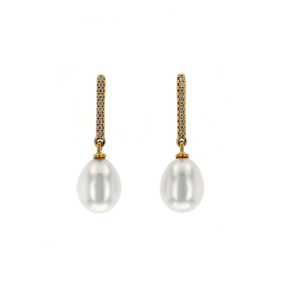 Jewelry Josephs Jewelers Home | 14K Yellow Gold Freshwater Pearl And Diamond Dangle Earrings - Josephs Jewelers White