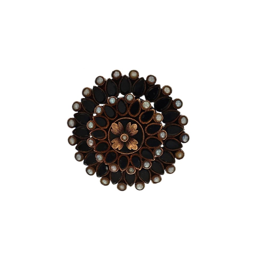 Jewelry Josephs Jewelers Home | Estater 9K Yellow Gold Onyx And Seed Pearl Brooch Black