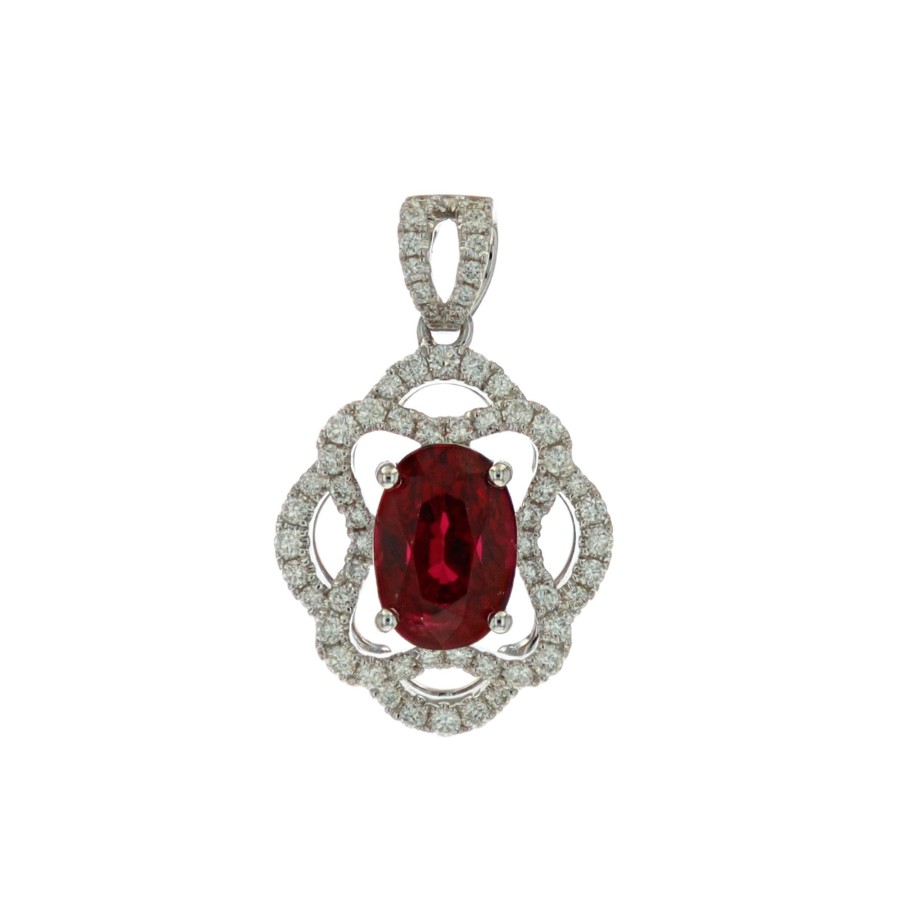 Jewelry Josephs Jewelers Home | 14K White Gold Oval Ruby And Diamond Pendant Red