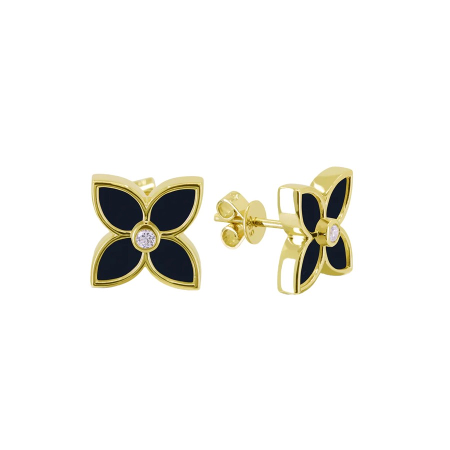 Jewelry Josephs Jewelers Home | 14K Yellow Gold Onyx And Diamond Flower Earrings Black