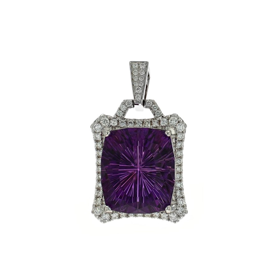 Jewelry Josephs Jewelers Home | 14K White Gold Cushion Starbrite Amethyst And Diamond Pendant Purple