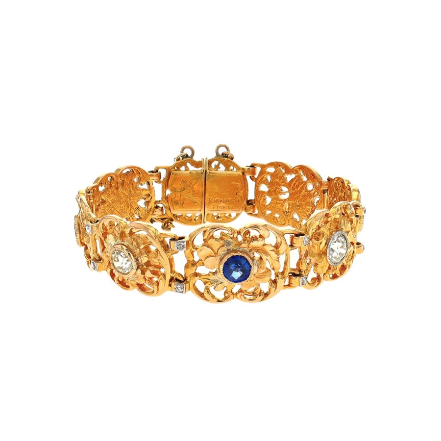 Jewelry Josephs Jewelers Home | Estate 18K Yellow Gold Edwardian Sapphire And Diamond Bracelet - Josephs Jewelers Blue