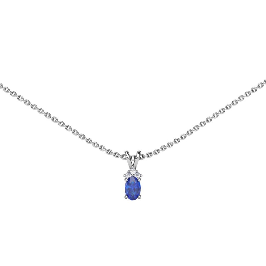 Jewelry Josephs Jewelers Home | 14K White Gold Oval Sapphire And Diamond Pendant With Chain - Josephs Jewelers Blue