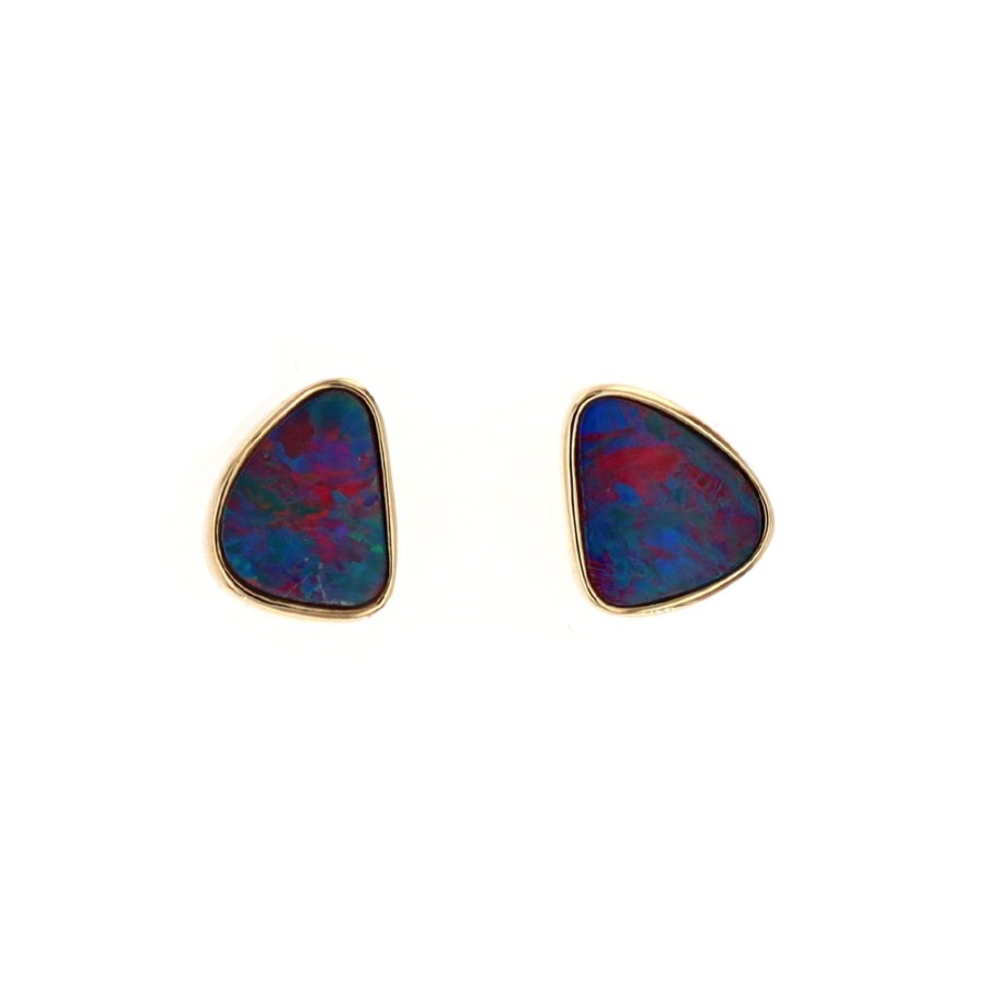 Jewelry Josephs Jewelers Home | 14K Yellow Gold Bezel-Set Australian Opal Doublet Triangular Earrings - Josephs Jewelers Multi