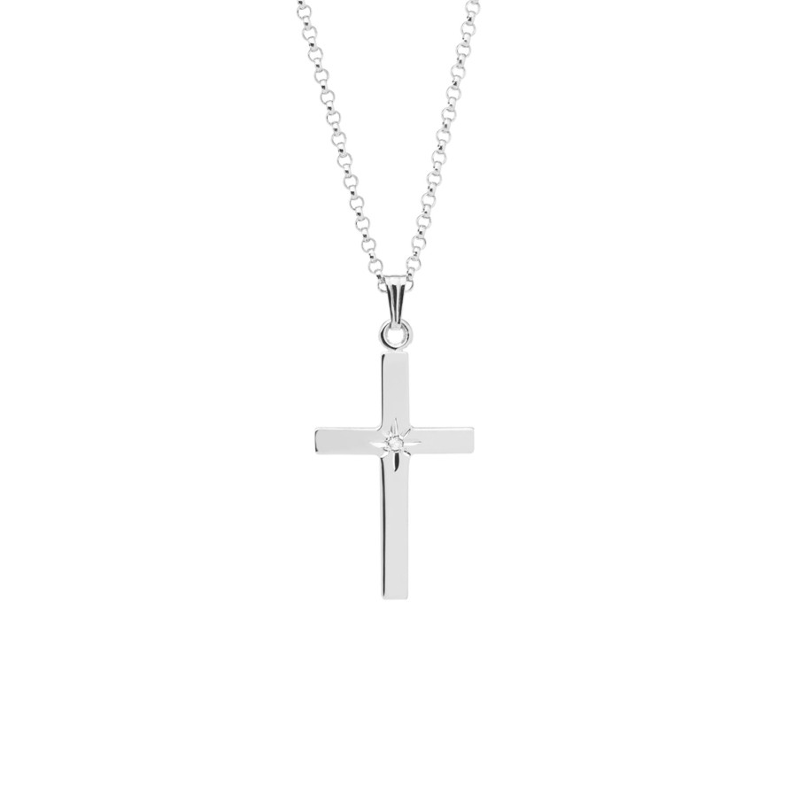 Jewelry Josephs Jewelers Home | Sterling Silver Diamond Star Cross Pendant With Chain White