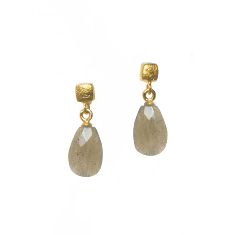 Jewelry Josephs Jewelers Home | Gold Plated Sterling Silver Pear Labradorite Cube Earrings Gray