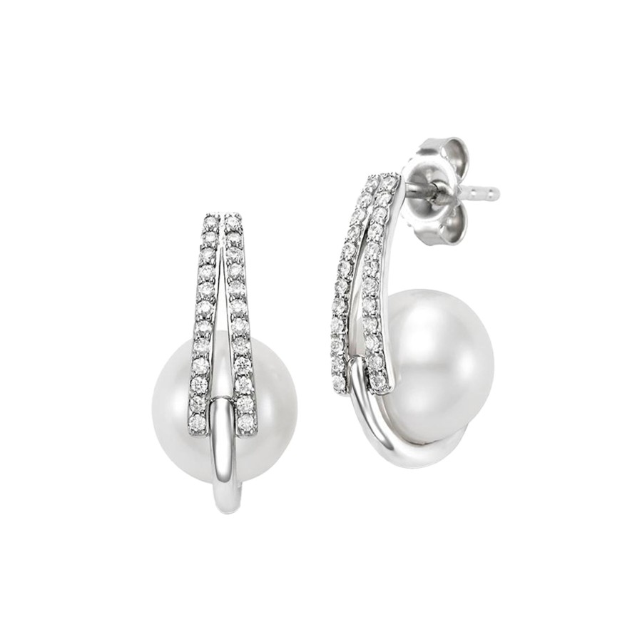 Jewelry Josephs Jewelers Home | 14K Gold Pearl And Diamond Hoop Earrings - Josephs Jewelers White